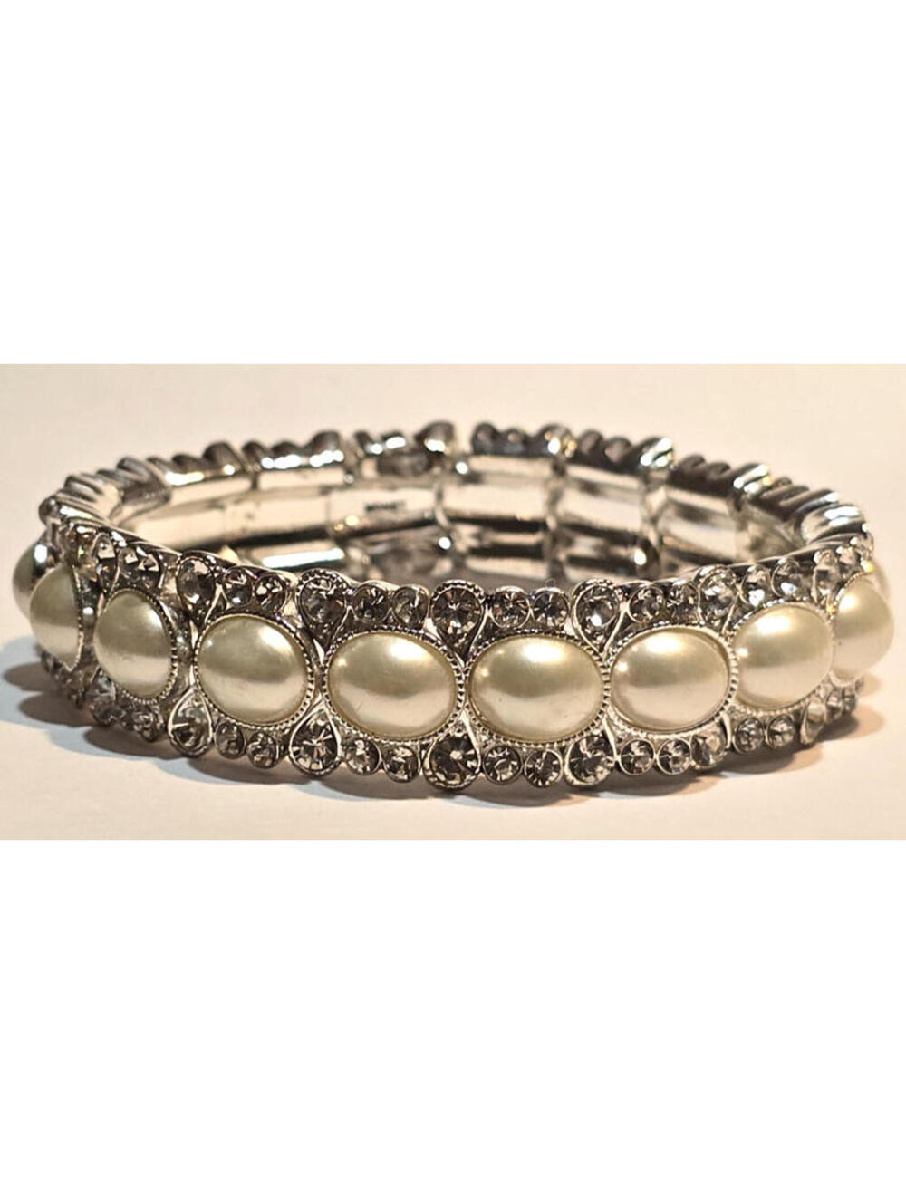 Monet Silver Tone Rhinestone Faux Pearl Stretch Bracelet